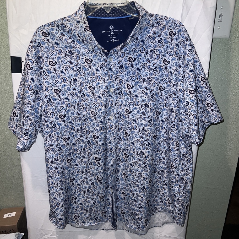 Society of Threads Men's XL Shirt Performance Non-Iron 4way Stretch Blue Paisley